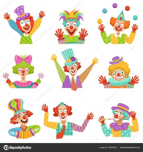 Happy Cartoon Friendly Clowns Character Colorful Vector Illustrations