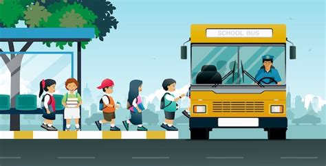 Premium Vector School Buses Pick Up Students At The Bus Stop