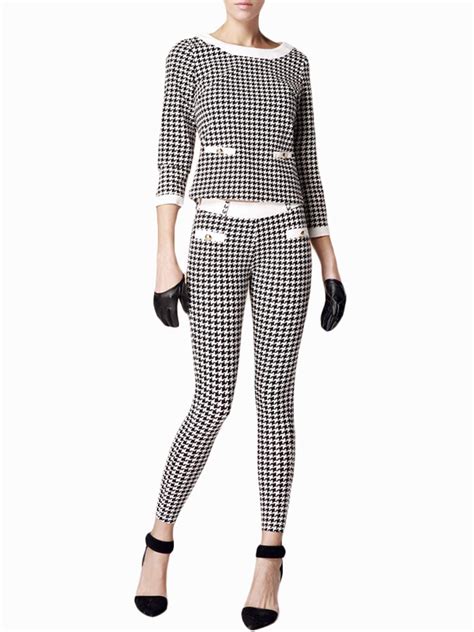 Modern Multi Color Cotton Houndstooth Print Pleated Suit For Woman