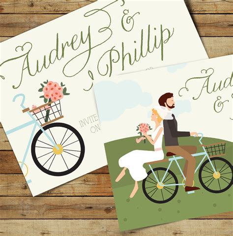 ride on bike wedding invitation suite illustrated couples etsy