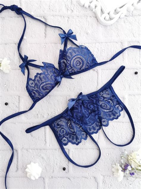 Sexy Lace Lingerie Set Blue Sheer Crotchless Lingerie For Etsy
