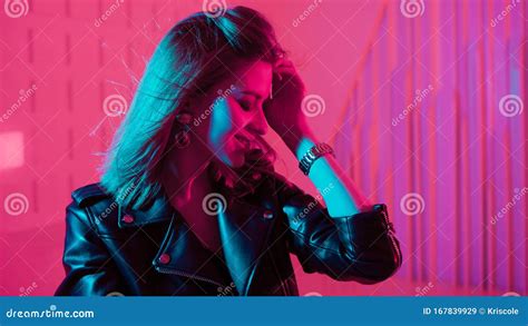 Beautiful Girl Dancing In Retro Wave On The Neon Light Stock Image Image Of Model Future