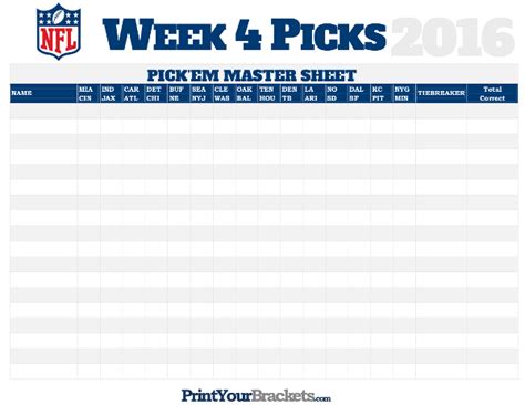Nfl Week 4 Picks Master Sheet Grid