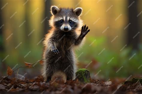 Premium Ai Image A Raccoon Standing On Its Hind Legs In The Woods