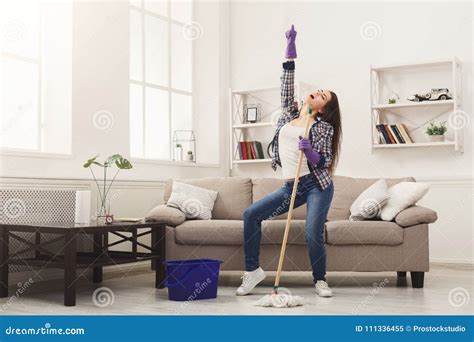 Happy Woman Cleaning Home With Mop And Having Fun Stock Image Image Of Clean Excitement