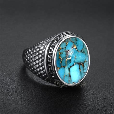 Mens Blue Copper Turquoise Ring 925 Sterling Silver Etsy