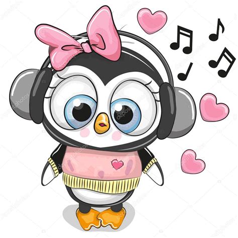 Cute Cartoon Penguin Girl With Headphones — Stock Vector © Reginast777