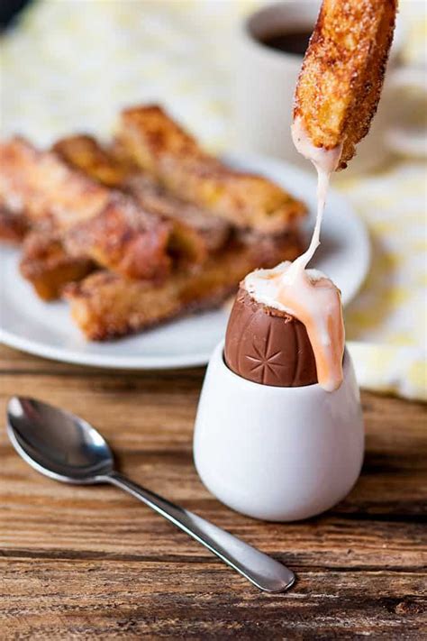 French toast is a dish of bread soaked in eggs then fried. Cinnamon French toast soldiers dipped in a Creme Egg ...