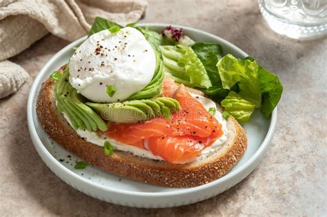 Salmon Avocado And Poached Egg Sandwich Stock Image Image Of