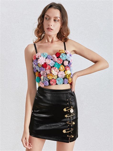 Twotwinstyle Flower Patchwork Sexy Women Vest Sleeveless Hit Colors Strapless Crop Top Female