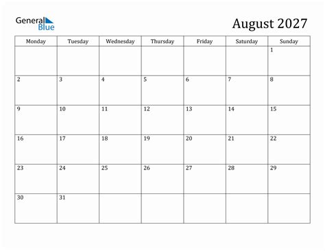 August 2027 Monday Start Calendar Pdf Excel Word