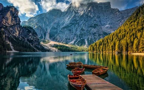 Lake Braies Pier Boats Blue Lake Mountains Dolomites South Tyrol