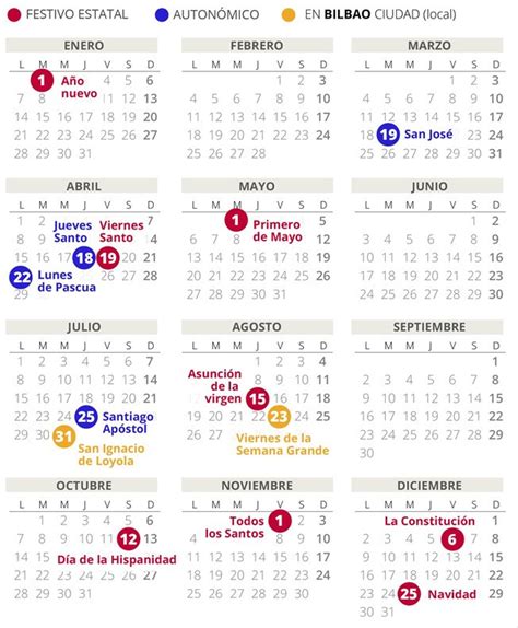 Calendarios y planificadores mensuales para cada día, semana, mes y año con campos para entradas y notas Calendario laboral de Bilbao del 2019 (con todos los festivos)