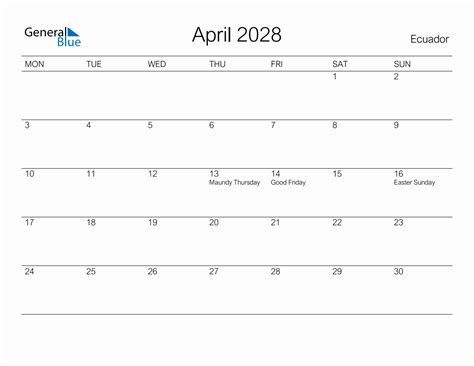 Printable April 2028 Monthly Calendar With Holidays For Ecuador