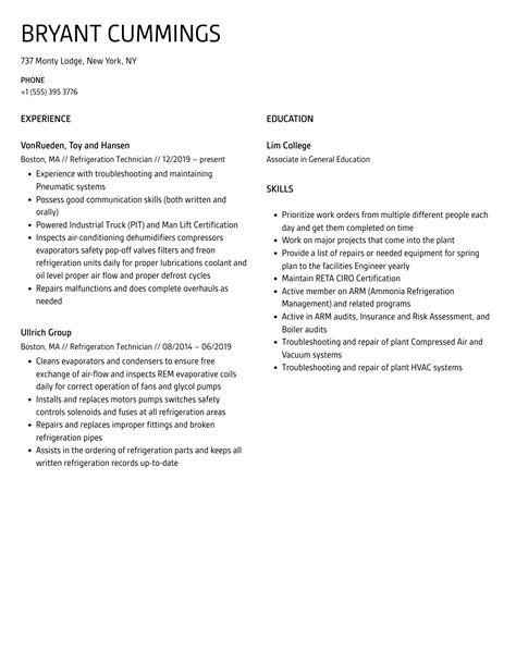 Refrigeration Technician Resume Samples | Velvet Jobs