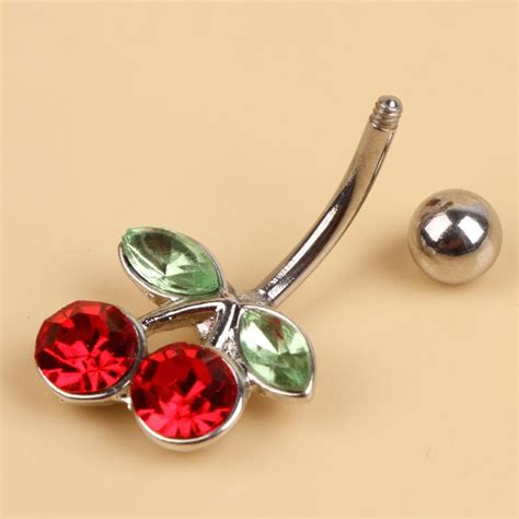 Rhinestone Red Cherry Navel Belly Button Barbell Ring Body Piercing Fashion Body Jewelry Cute