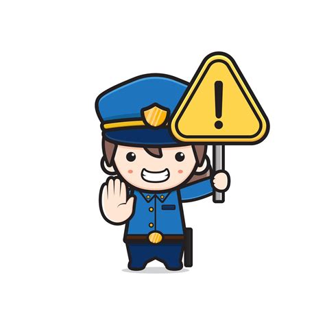 Cute Police Holding Warning Sign Cartoon Icon Illustration 3300291