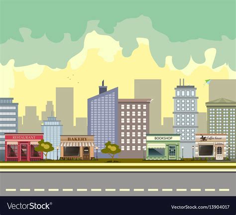 City Street With Urban Buildings And Shops Vector Image