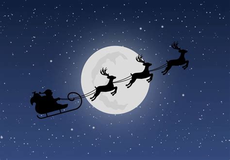 Santas Sleigh With Reindeers On Background Of Night Sky With Stars And