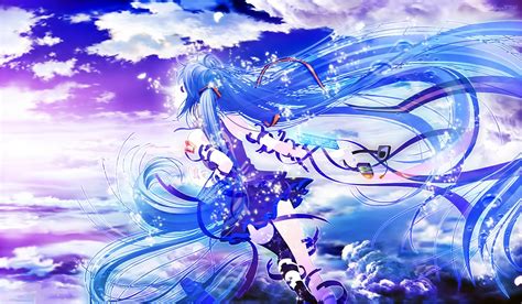 Vocaloid Blue Hair Clouds Hatsune Miku Long Hair Ribbons Skirt