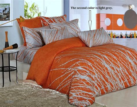 3pc Orange Light Grey Tree Duvet Cover And Pillowcases Queenking 100