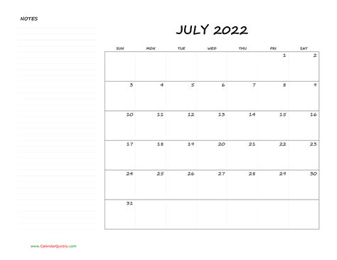 Paper sizes letter, a4 or a3. July Blank Calendar 2022 with Notes | Calendar Quickly