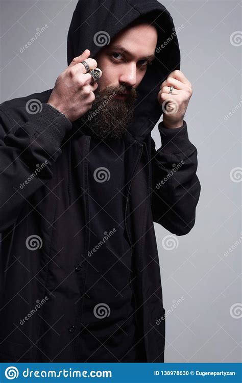Fashionable Man In Hood Bearded Handsome Boy Stock Photo Image Of
