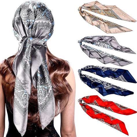 4 Pieces 35 Inch Satin Head Scarves Large Square Silk Feeling Satin