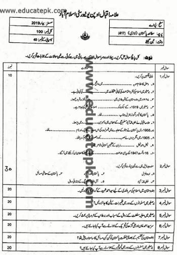 Aiou Ba Code 417 Pakistan Studies Past Papers