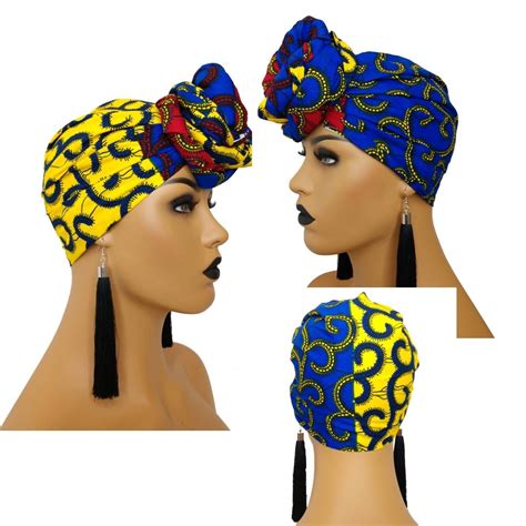 African Head Wraps For Women Royal Blue Red And Yellow Etsy Head Wraps For Women African
