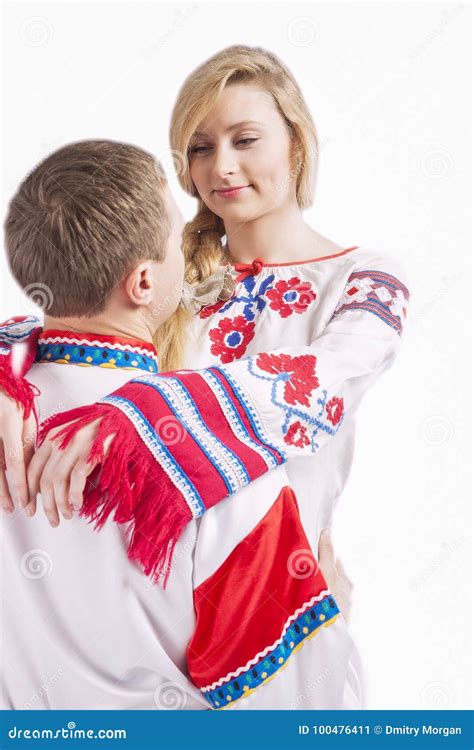 Loving Embraced Caucasian Couple Posing In National Russian And Stock
