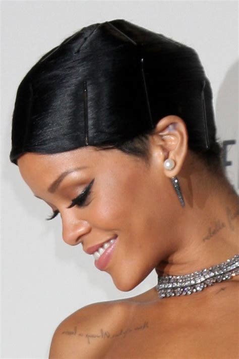 Rihanna Straight Black Barrette Slicked Back Hairstyle Steal Her Style