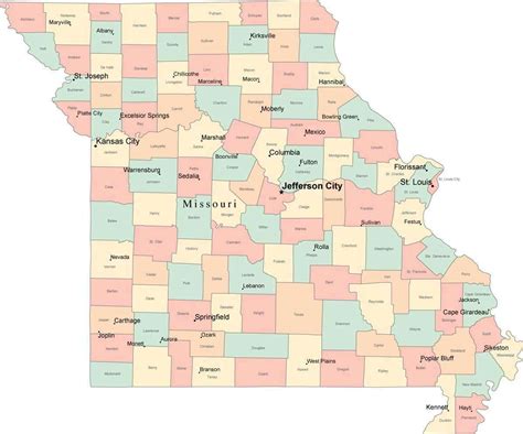 Multi Color Missouri Map With Counties Capitals And Major Cities