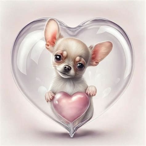 A Small Chihuahua Holding A Heart Shaped Balloon