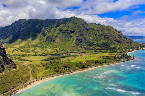 Aerial View Of Oahu Coastline And Mountains In Honolulu Hawaii Stock Photo Image Of North