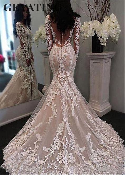 Buy Vintage Lace Long Sleeves Mermaid Wedding Dress 2019 Illusion Back