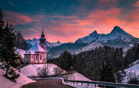 Wallpaper Winter Road Forest Mountains Germany Bayern Church