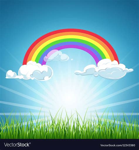 Vector Rainbow And Clouds Blue Sky And Grass Background Colorful Image