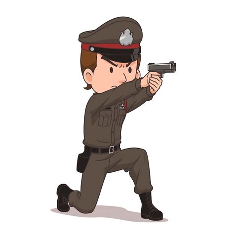 Personaje De Dibujos Animados De La Policía Tailandesa Apuntando Con Un