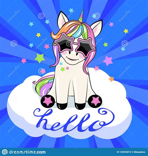 Hello Cartoon Cute Unicorn With Sun Glasses Stock Vector Illustration