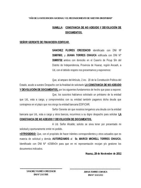 Solicito Devolucion De Documentos Pdf