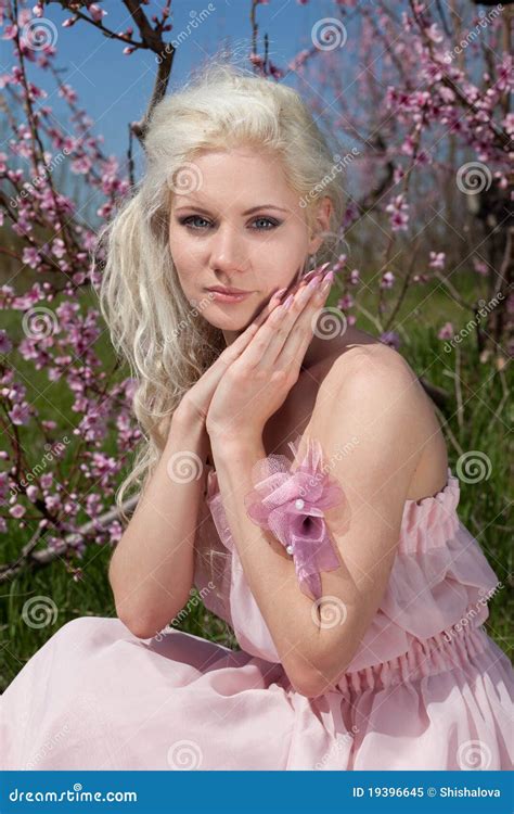 Young Pretty Blond Woman In Blooming Garden Stock Image Image Of