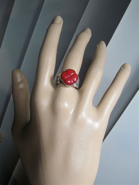 Vintage JAY KING 925 Sterling Silver DTR Carved Coral Red Flower Ring 6