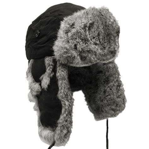 Extra Warm Black Trapper Hat Russian Winter Cap Ear Flaps Grey Rabbit