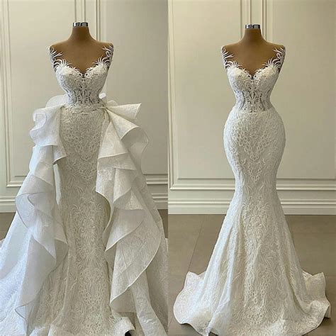 2021 White Mermaid Wedding Dresses With Detachable Train Ruffles Lace Appliqued Bridal Gowns
