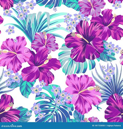 Neon Seamless Pattern Exotic Hawaiian Tropical Hibiscus Flowers Stock