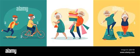 Elderly People Daily Activities Concept 3 Funny Cartoon Compositions