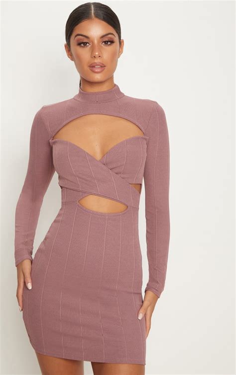 Mauve Bandage High Neck Cut Out Long Sleeve Bodycon Dresss