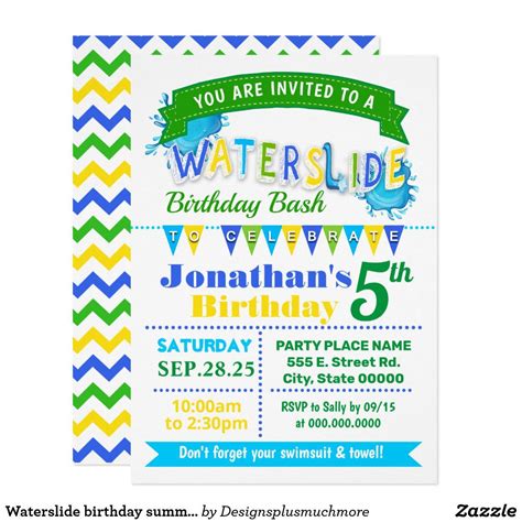 Waterslide Birthday Summer Party Blue Green Yellow Invitation Summer