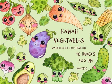 Kawaii Vegetables Clipart-watercolor hand drawing. Cute vegetables By